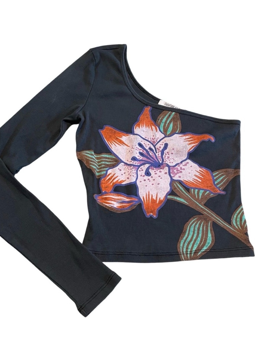 Free People One-Shoulder Black Floral Ribbed Crop Top with Multicolor Lily - Picture 3 of 3